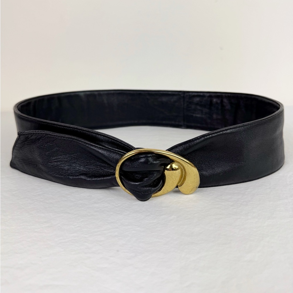 Vintage Black Leather Belt with Gold Knot Buckle